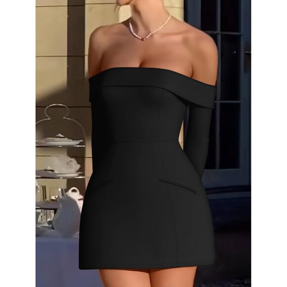Women's Off Shoulder Long Sleeve Mini Dress Polyester Bodycon Party Dress - Picture 5 of 7
